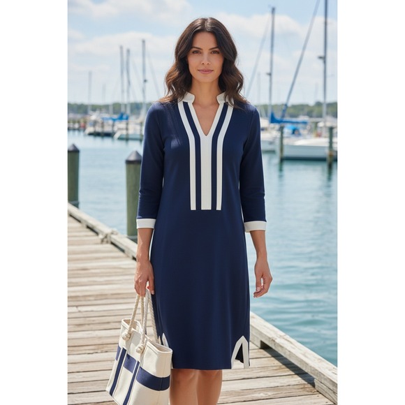 Spartina 449 Dresses & Skirts - Spartina 449 Navy White Trim V Neck 3/4 Sleeve Tunic Dress M